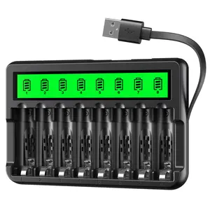 EBL 8 Bay LCD AA Battery Charger With Built-in Cable Battery Charger High-Speed Charging Independent Slot