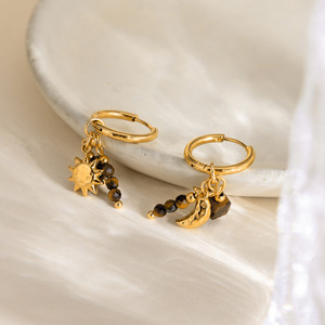 Pendientes de aro con diseño de estrella y luna, ojo de tigre, tono dorado, aleación de zinc, acero inoxidable, pendientes colgantes de moda para mujer - Product Image 4