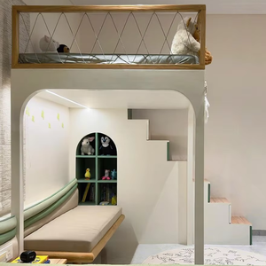 Lit enfant moderne et minimaliste en bois massif à deux niveaux, dimensions adulte, luxe tactile, lit supérieur de 1,5 mètre de large, lit inférieur ouvert - Product Image 1