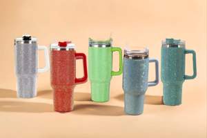 Gobelet isotherme rose 40oz avec poignée, strass, couvercle et paille, pour porte-gobelet de voiture, double paroi - Product Image 6