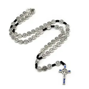 St benedict medal hand made knotted cord rosary religious necklace for men and women