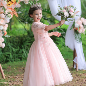 Robe de demoiselle d'honneur en tulle rose, coupe trapèze, décolleté cœur, robe de princesse pour filles - Product Image 1