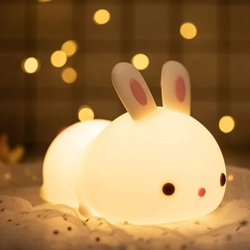 Soft Silicone Rabbit Kids Nursery Bedside Nightlight Lamp Gifts Touch Sense RGB LED Bunny Night Light