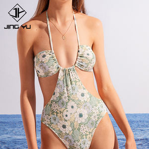 Maillot de bain une pièce rétro à imprimé plage, col licou évidé, en nylon recyclé personnalisé, faible quantité minimale de commande - Product Image 2