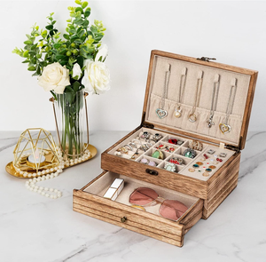 Boîte à bijoux en bois rustique pour organiser les bijoux, boîte de rangement pour boucles d'oreilles, bagues, colliers, bracelets - Product Image 2