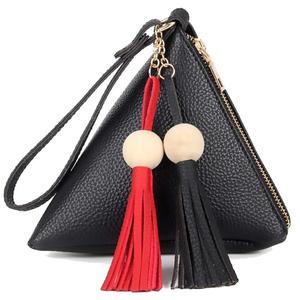 <span class=keywords><strong>Sac</strong></span> à <span class=keywords><strong>main</strong></span> en cuir pour femme en forme de triangle avec fermeture éclair, design à pompon tendance, petite bourse à monnaie pour dames - Product Image 2