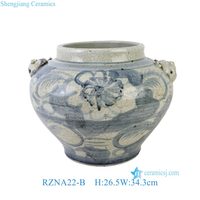 RZNA22-B Vaso in Stile Antico Blu e Bianco con Manici a Testa di Leone, Vasi Decorativi di Lusso per la Casa