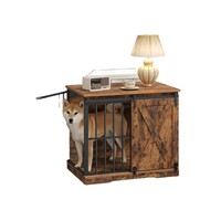 Table d'appoint pour chien en bois massif haut de gamme, style ferme moderne, avec porte coulissante type grange, tiroir, séparateur et résistance à la mastication, taille moyenne