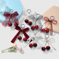 Fraise cerise arc porte-clés bricolage PVC fruits porte-clés téléphone portable pendentif à breloques dentelle nœud papillon porte-clés avec perles