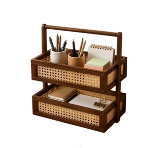 Organisateur de bureau double couche en bambou nanométrique avec rangement en maille de rotin pour fournitures de bureau et papeterie - Product Image 5