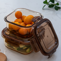 Pot de stockage des aliments en verre ambré à haute teneur en borosilicate Récipients en verre carrés rectangulaires ronds avec couvercles de verrouillage Verre de boîte à lunch