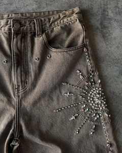 ローMoqラインストーンプリントローライズHommes生裾デニムパンツジッパー付きフライスタッズ洗浄メンズバギージーンズメーカー - Product Image 3