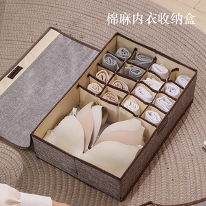 Foldable Cotton Linen Underwear Sock <b>Storage</b> <b>Box</b> With Lid And Compartments For Wardrobe <b>Drawer</b> Organization - Product Image 4
