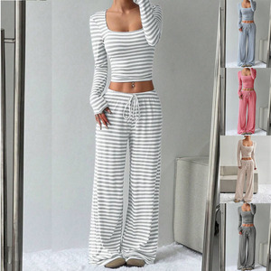 Conjunto Casual de Pantalones Anchos de Cintura Alta con Cuello Cuadrado y Rayas <span class=keywords><strong>para</strong></span> Mujer, Conjunto de Pantalones a Rayas Sólidas - Product Image 1