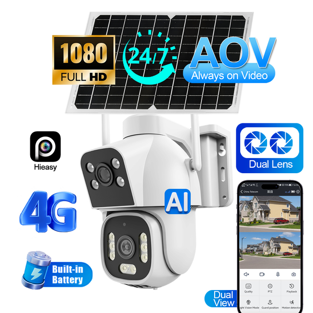 4G AOV Solar Dual Lens 2MP Waterproof Security Camera Two Way Audio Wide Angle PTZ Full Color Night Vision Outdoor Camera