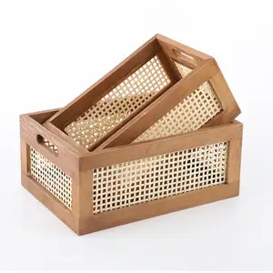 Hot Sale Pine Wood Wooden Bamboo 5 Plywood Bottom Plate Rectangular Storage Basket Set Of 2