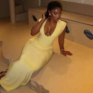 Ropa de Mujer Estilo Europeo Americano, Simple, para Instagram, Streetwear, Falda Ajustada Plisada, Sexy, Cuello en V, Larga, Verano - Product Image 2