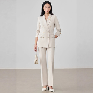 Women's Lake Blue Suit Set Double Breasted Jacket Pants Anti-Wrinkle Formal Wear For Commute - Product Image 3