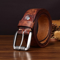Sabuk Kulit Pria dengan Efek Distressed Vintage, Jahitan Tangan, Gesper Pin, Sabuk Kulit Sapi Asli untuk Pria, Sabuk Jeans Pria.