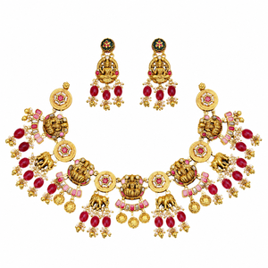 Elegante conjunto de collar y aretes de plata 925 con cuentas rojas y rosas, joyería nupcial india tradicional para mujeres. - Product Image 5
