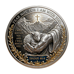 Pièce commémorative en stock Isaïe 46:4 Jésus protégeant l'agneau avec le slogan « Je te saurai protéger » – Objet de collection en métal, artisanat souvenir - Product Image 3
