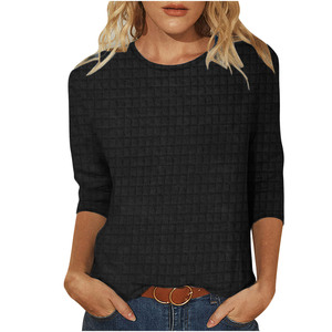 Magliette Casual in Maglia Waffle a Trama <span class=keywords><strong>Morbida</strong></span> per Donne, Collo Tondo, Manica Tre Quarti, Vestibilità Ampia, Blusa Basic Ideale - Product Image 4