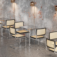 Ensemble de salle à manger moderne du milieu du siècle, table en acier inoxydable pour café boutique, bistrot, chaise cantilever en rotin, table de restaurant
