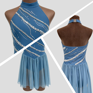 Vestido de Danza Lírica Azul Polvoriento con Cuello Halter, Vestido de Patinaje Artístico con Pedrería, Falda de Malla, Traje de Danza Contemporánea para Niñas - Product Image 2