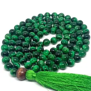 ST0737 Green Tigers Eye Gemstone Mala Healing Necklace Hand Knotted 108 Beads Tassel Necklaces JapaMala Meditation Malas Women