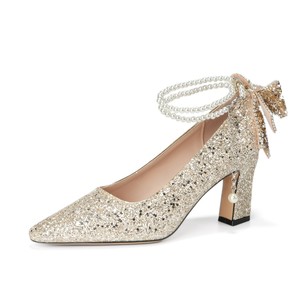 Pointed Toe Ankle Strap Pumps <b>With</b> <b>Bow</b> Decoration High Heel Bridal <b>Shoes</b> For Wedding Comfortable Block Heel 7188F-177 - Product Image 5