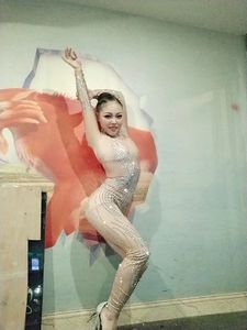 Costume da <span class=keywords><strong>donna</strong></span> <span class=keywords><strong>Sexy</strong></span> Stretch Skinny Nude strass tuta intera Club Showgirl ballerina tuta corta abiti da palcoscenico - Product Image 5
