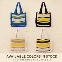 Sac fourre-tout en tricot crocheté à rayures en polyester, léger, sac à bandoulière, grande capacité, pour l'école, les courses, logo personnalisé, couleur, vente en gros