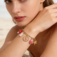 Bracelet à breloques en acier inoxydable plaqué or PVD, avec pendentifs variés (mushroom, rose, fleur), chaîne trombone, bijou de poignet pour femme