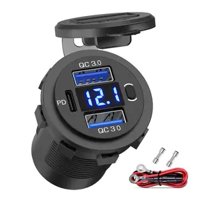 Dual 18W USB Charging Adapter 3.0 Port & 20W PD Car USB Charger Socket Power Outlet with Voltmeter and Power Switch for Car Boat