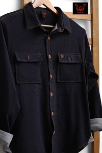 Chaqueta de mezclilla tejida para hombre – Camisa-chaqueta de jersey índigo elástico con bolsillos dobles en el pecho - Product Image 2