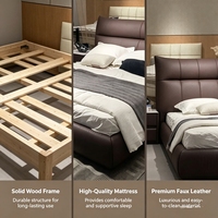Cadre de lit moderne en bois massif marron foncé avec tête de lit en similicuir à double panneau et base à rayures verticales pour grande chambre principale