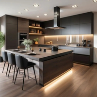 Lemari Dapur Modern Desain Khusus, Furnitur Lengkap, Laminasi Modular, Lampu LED Strip, Meja Marmer, Engsel, Wastafel, Pemasangan di Dinding