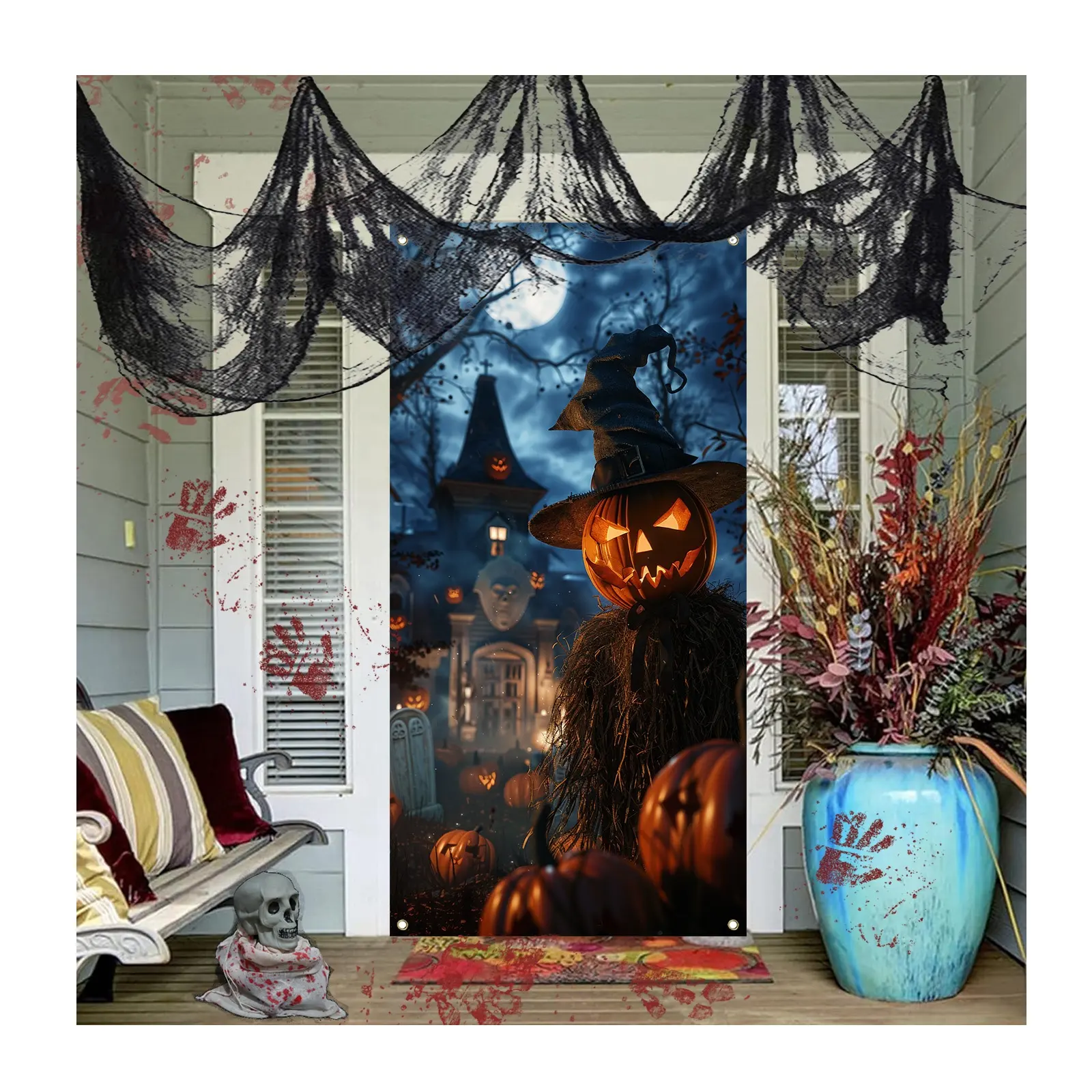 Droit d'auteur Halloween jardin extérieur fête décoration nouveau design halloween décor imprimé rideau tissu porte couverture