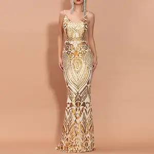 Glamorous Sexy Host Prom Straps Backless Sequin Luxury Hottest Gown Fishtail Party Wedding Shining Gold Evening Dresses