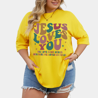 T-shirt ample et décontracté pour femme en coton épais 140 g/m² avec épaules tombantes, imprimé logo « Jésus t'aime » et patchs, respirant