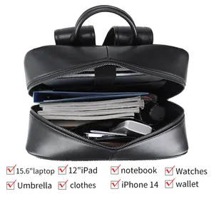 Custom Logo Travelling Fashion Large Capacity Black Full Grain Leather Backpack Customized Genuine Leather Laptop Backpack Bags
