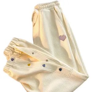 Celana Panjang Wanita Bordir Motif Hati Wafel Bagian Tipis Musim Semi dan Musim Gugur Celana Harem Celana Kasual Kaki Lebar