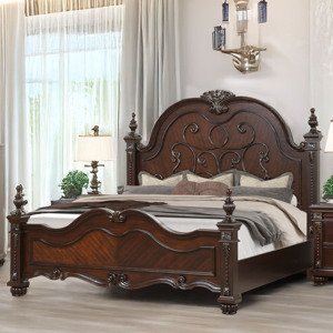 Juego de Muebles de Dormitorio Clásicos Americanos de Color Marrón Oscuro Tallado - Cama con Cabecera Ornamentada, Cómoda, Mesita de Noche y Cajonera con Detalles Vintage Intrincados - Product Image 2