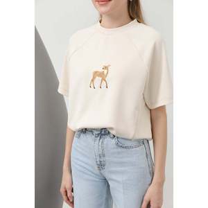 Soul Women's Elegant Sand Beige T-Shirt with Front Deer Embroidery - Comfortable Short Sleeve Crew Neck Top for Casual Wear - Product Image 2