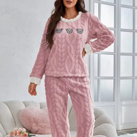 Pyjama d'hiver thermique en flanelle pour femme, 100 % polyester, 220 g, uni, ODM, avec cordon de serrage, col lisse, tricot doux, taille mi-haute, long