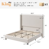 Lit plateforme King Size en fer avec tête de lit haute de 65 pouces, capitonné en velours côtelé, design côtier écologique et durable