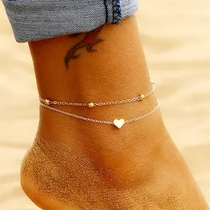 AA00373 Atacado Summer Beach Dupla camada coração charme tornozeleiras de aço inoxidável Frisada Cadeia cubana tornozeleira para as mulheres