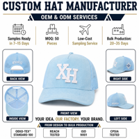 Casquette Trucker Bleu Clair Perforée avec Logo Brodé Blanc, Dos en Maille, Patch Latéral Diamant, Fermeture Snapback Réglable, Casquette OEM ODM