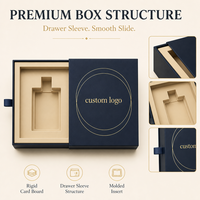 Boîte cadeau de soins de la peau style tiroir avec insert floqué marron, lignes géométriques dorées, poignée en ruban de satin, logo circulaire