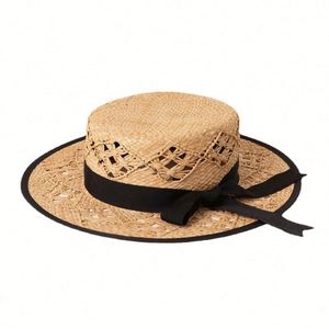 European American Spring Summer New Handmade Raffia Straw <b>Hat</b> Flat Top <b>Hat</b> Boater Hollow Bow Decoration Casual Straw <b>Hats</b> - Product Image 5